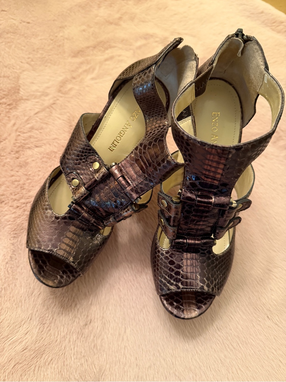 Enzo Angiolini Metallic Brown Snake-Embossed Peep-Toe Heels
